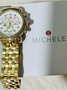 Michele Gold Tone Diamond-Accented Chronograph Watch with White Dial